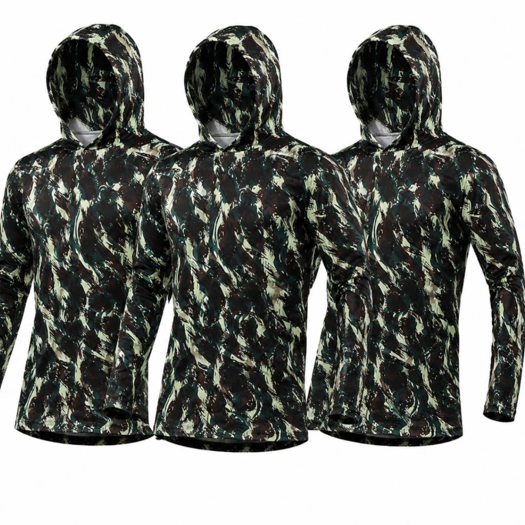 kit 3 Camisa Térmica  Camuflada Com Capuz UV 50 Proteção Solar Segunda Pele Manga Longa Esporte Outdoor Militar Pescaria