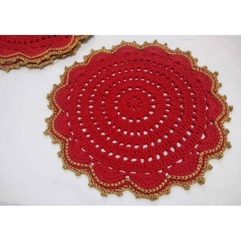 Jogo de Sousplat de crochê Luxo, kits 6 lugares, vermelho com dourado, 40cm jogo americano redondo