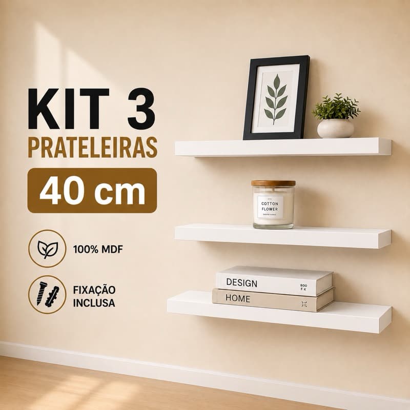 Kit 3 Prateleiras com Ferragens 40cm x 15cm MDF Premium Decorativo Parede Sala Quarto Cozinha Banheiro e Kit Instalação