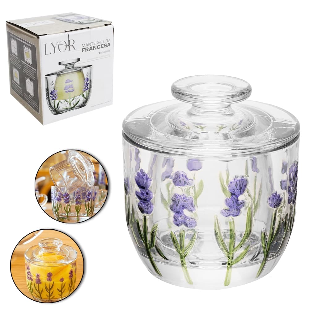 MANTEIGUEIRA FRANCESA DE VIDRO CRISTAL REDONDA LAVANDA HAND PAINTING COM TAMPA 9,8X9,4CM
