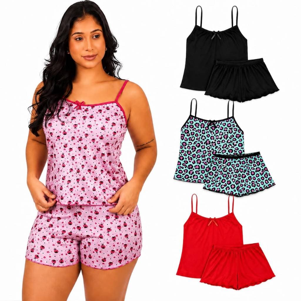 Kit 3 Pijama Feminino Short Doll Baby Doll Estampas Sortidas do P ao Plus Size