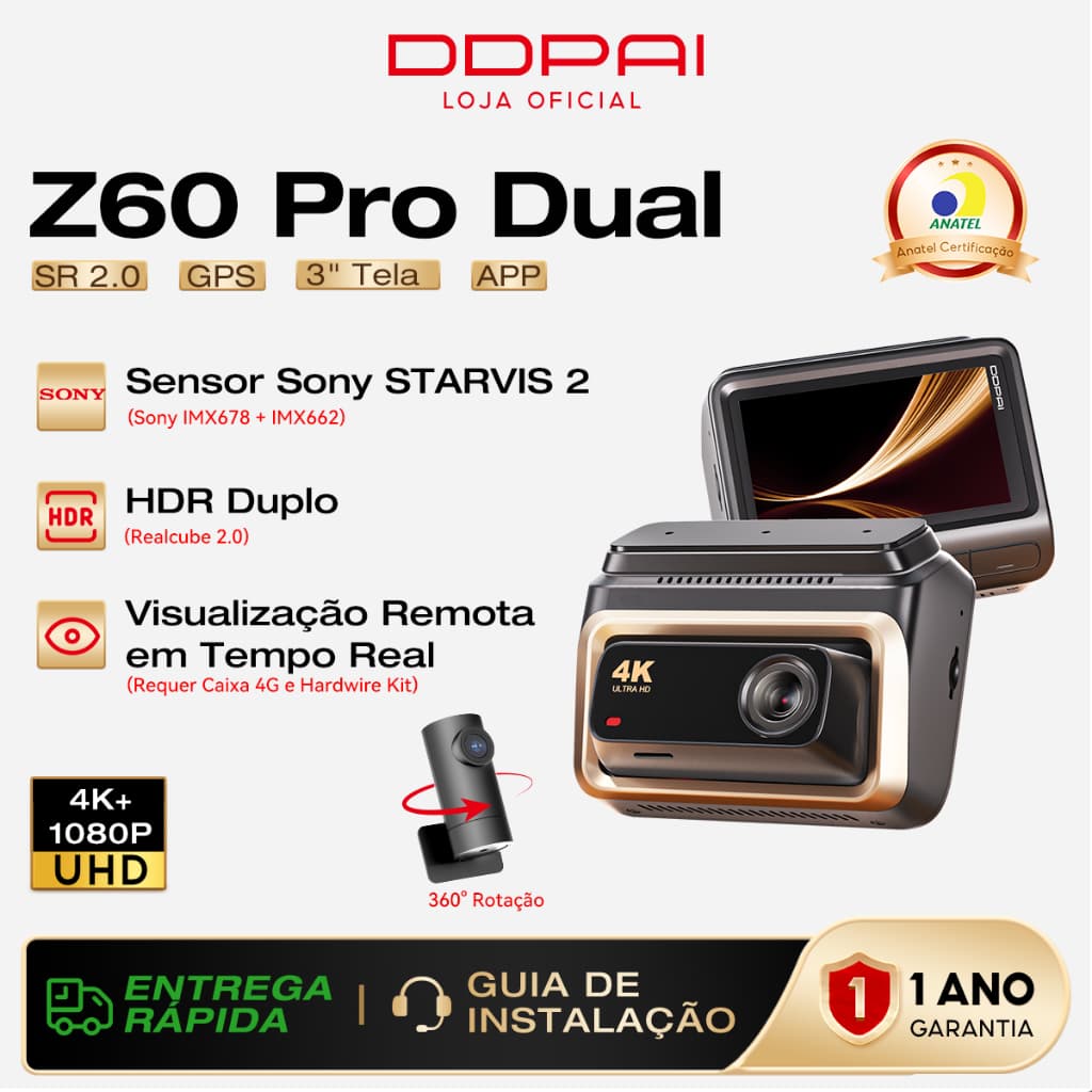 DDPAI Z60 Pro Câmera Veicular 4K+ 1080P STARVIS 2 IMX678+IMX662 Suporte Monitoramento Remoto GPS 3" Tela Visão Noturna