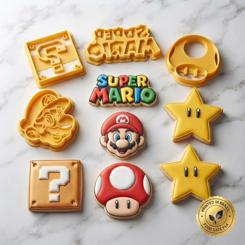 Kit Cortador de Biscoito Super Mario 5 Peças com Carimbo e Puxador Mario Bross