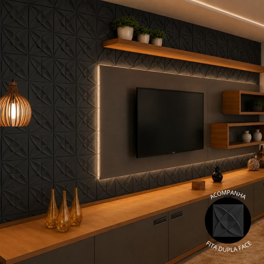 Kit 50 Placas 3D em PVC 25x25 cm para Revestimento Decorativo de Parede Com Fita Dupla Face