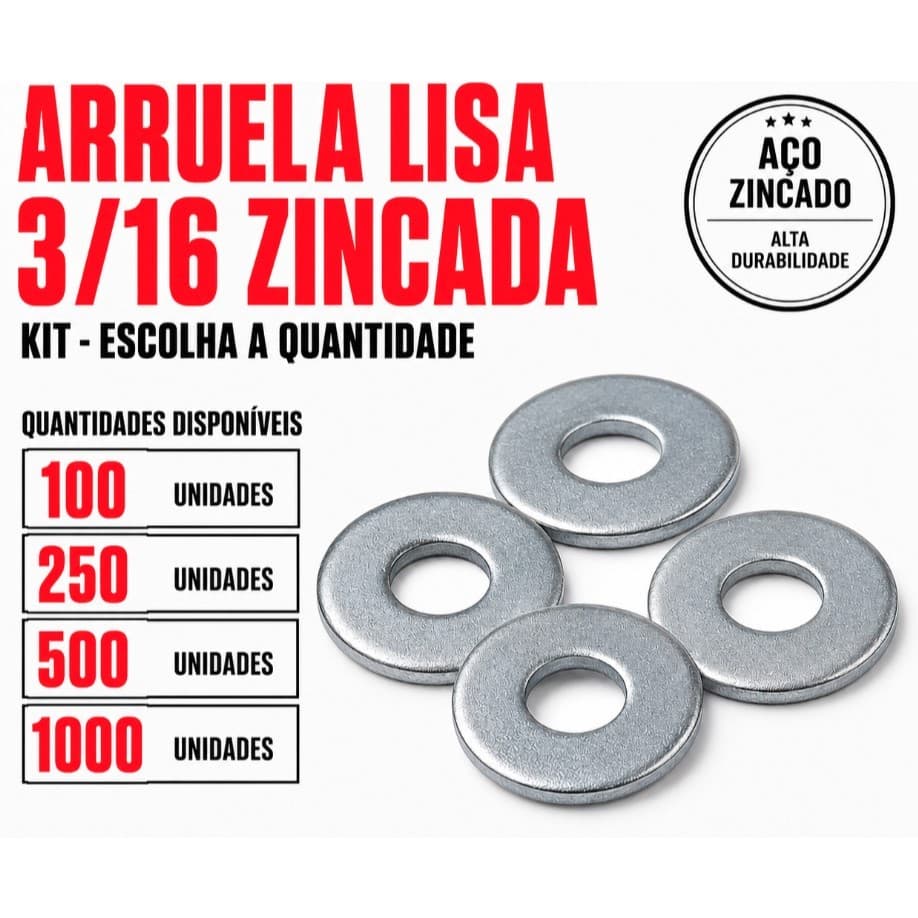 Arruela Lisa 3/16 Zincada – 100, 250, 500 ou 1000 Unidades