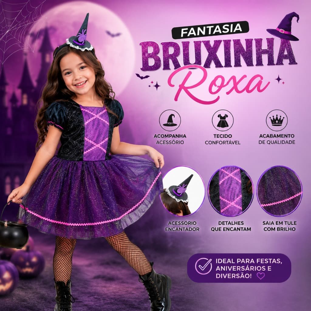Fantasia Bruxinha Sara Infantil Roxa Halloween Festa à Fantasia Menina dia das Bruxas