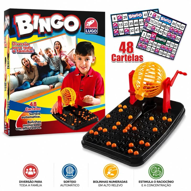 Jogo de Bingo LUGO 48 Cartelas com Globo Giratório Manivela Bolinhas Numeradas Jogo de Mesa para Família