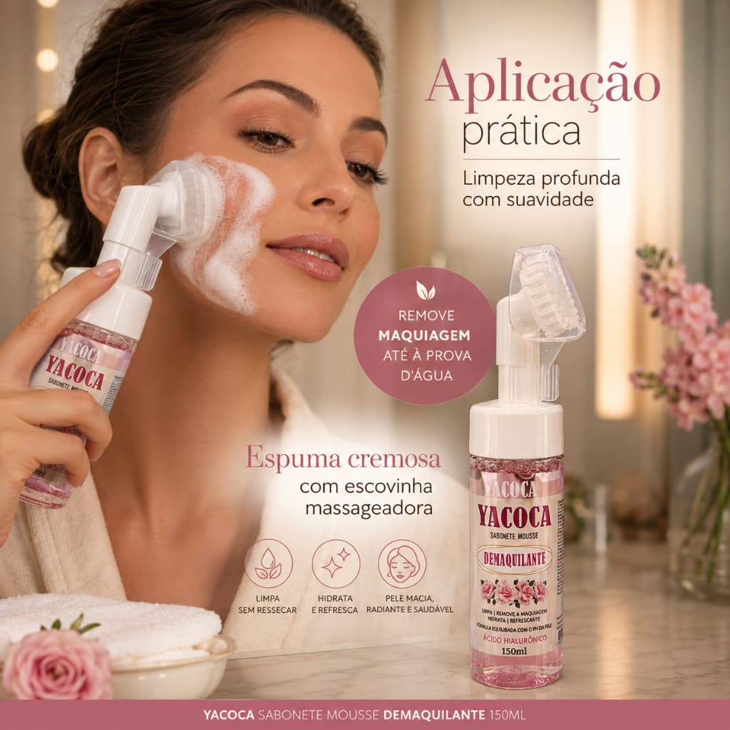 Espuma de Limpeza Facial com Escova Remove Maquiagem Ácido Hialurônico Limpeza Profunda Pele Hidratada
