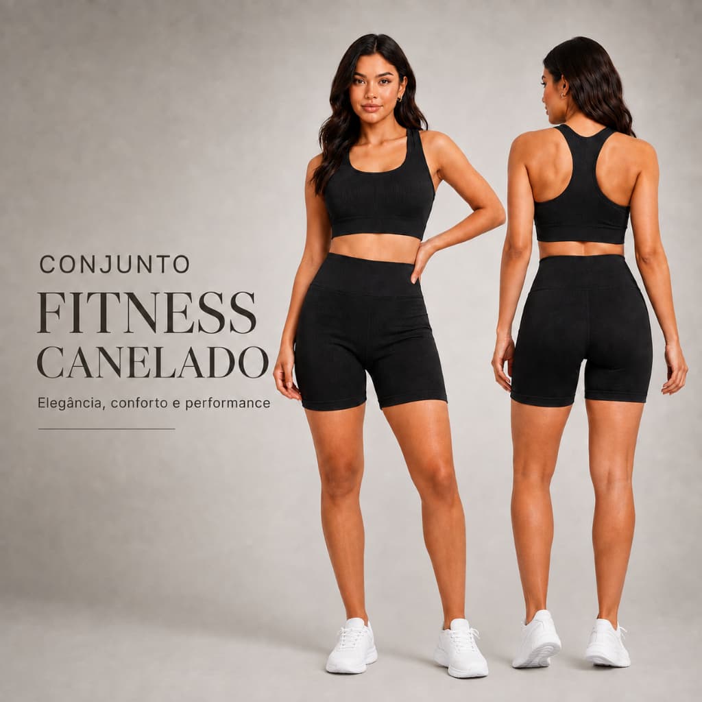 Conjunto Fitness Feminino Canelado Preto Top + Short Confortável e Elástico