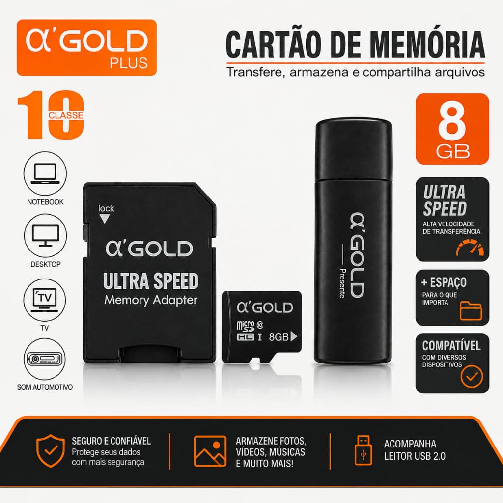 Cartão De Memória Micro SD 8gb Classe 10 C/ Adaptador SD e USB Para Celular Câmera e PC
