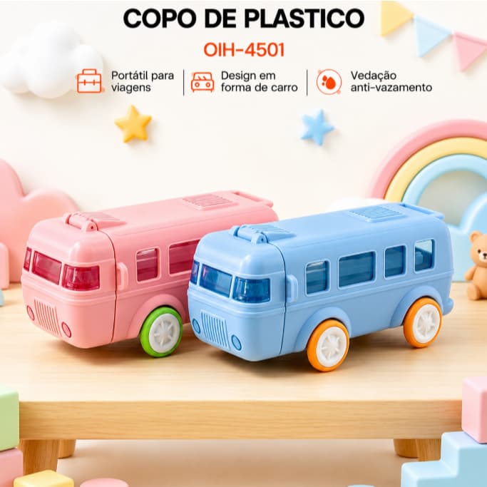 Copo Garrafa Infantil 560ml Formato Ônibus com Canudo Alça e Trava | Squeeze Infantil Menino Menina