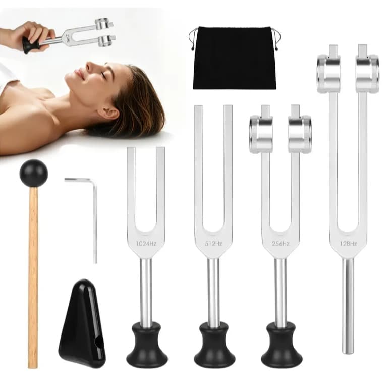 4-Pack Tuning Fork Set (128Hz、256Hz、512Hz、1024Hz), for Chakra Healing, Sound Therapy, Stress Relief