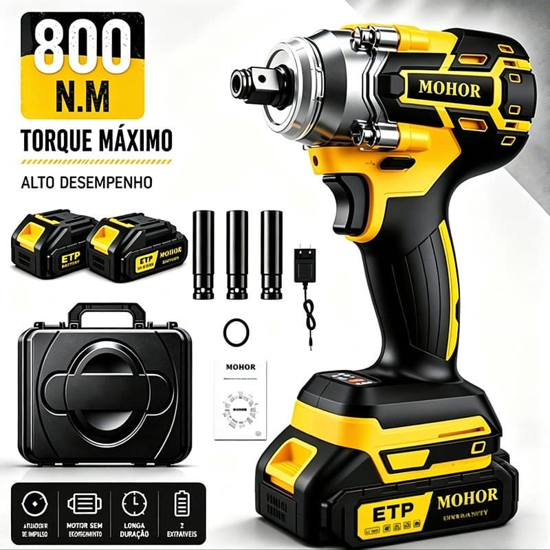Chave de Impacto 48V Sem Escova 800NM Torque Alto com Luz LED e Kit Soquetes 17mm 19mm 21mm