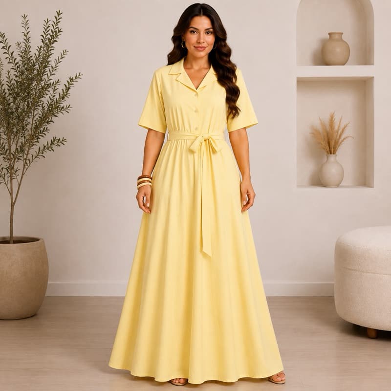 Vestido Longo Feminino  Chemise Acinturado com Botões e Faixa Ajustável Moda Evangélica Elegante Premium