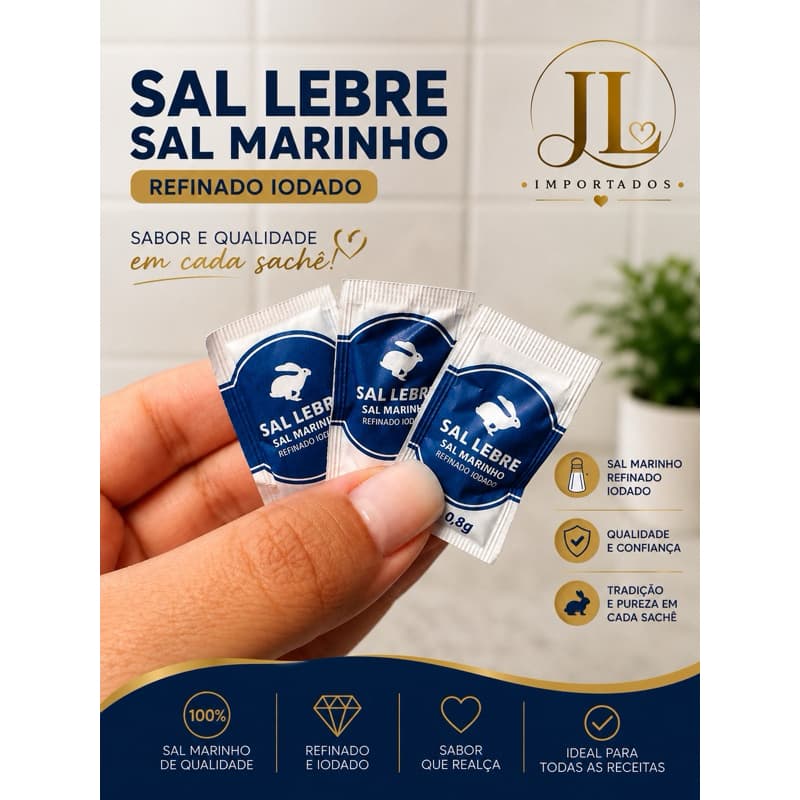 Sal Lebre Sachê 0,8g Sal Marinho Refinado Iodado – 50 100 200 ou 400 Unidades