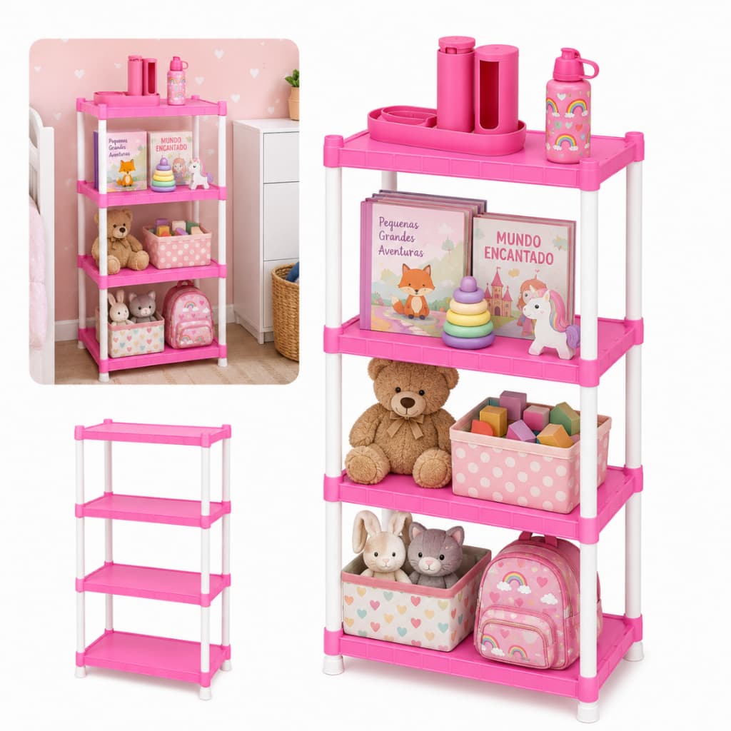 Prateleira 4 Estante Rosa Infantil Quarto Multiuso Organizadora 7kg Bebê Modular Plástico Resistente