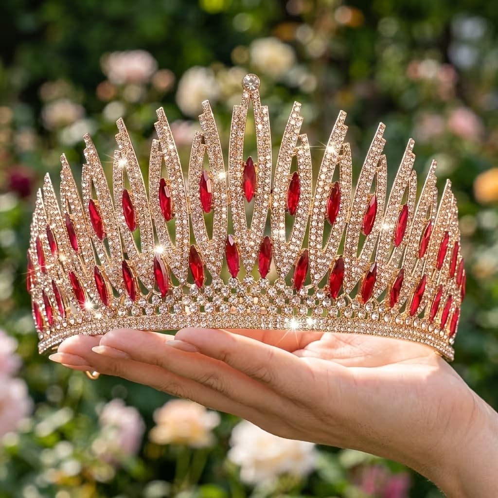 COROA VERMELHA COM DOURADA com Strass e Design de Folha DOURADA - Coroa de Liga Cintilante para Noivas Formaturas