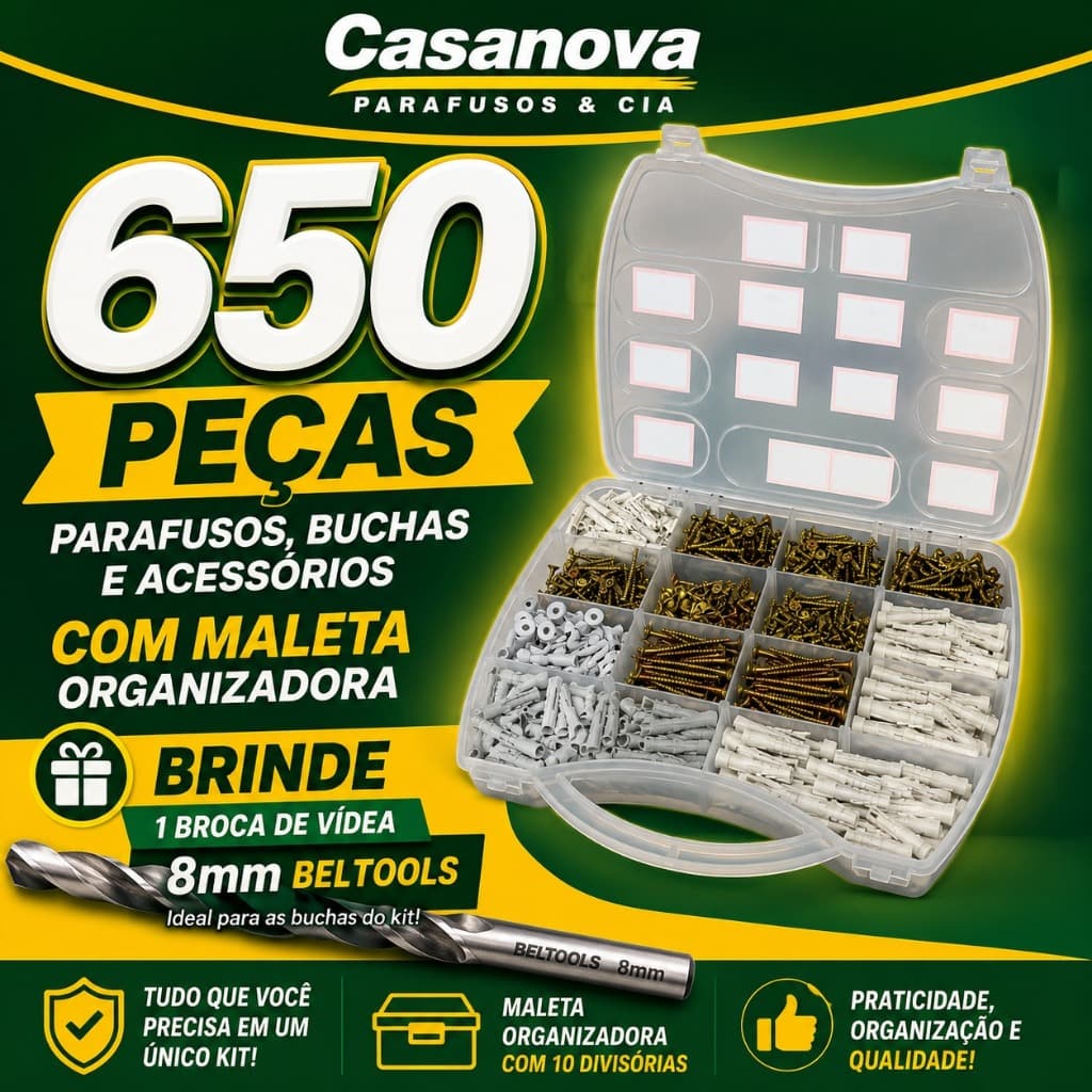 Kit 650 Parafusos e Buchas + Maleta Organizadora Grande