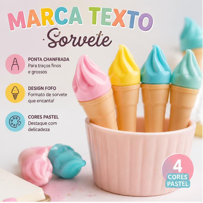 Kit 24 Unidades Marca Texto Sorvete Pastel Fofinho – Caneta Marca-Texto Escolar Estudo e Papelaria