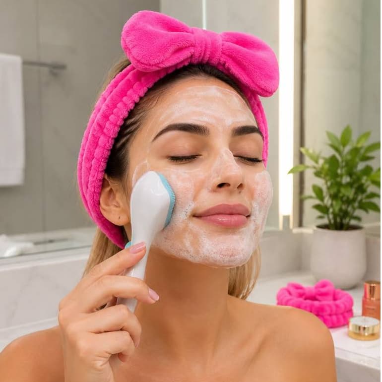 Kit Skin Care - Faixa Lacinho Rosa Delicado + Escovinha Pata de Gato