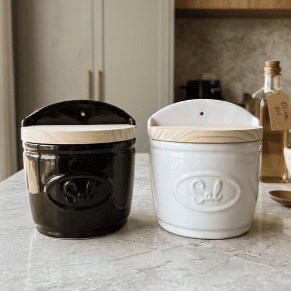 Saleiro de Cerâmica Porcelana Branco e Preto Esmaltado Porta Condimentos Decorativo Utilitário Mesa Cozinha Bancada