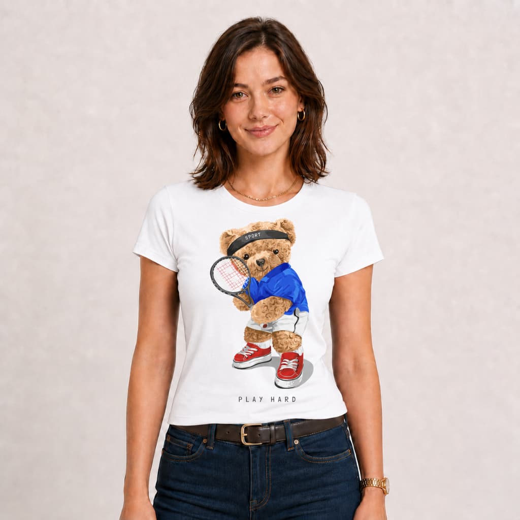 Camiseta T-shirt Feminina Estampada Play Hard, 100% Algodão.
