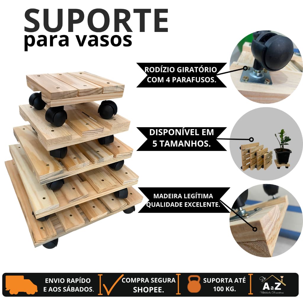 SUPORTE MADEIRA LEGITIMA PARA VASO DE PLANTAS COM RODINHAS GIRATORIAS