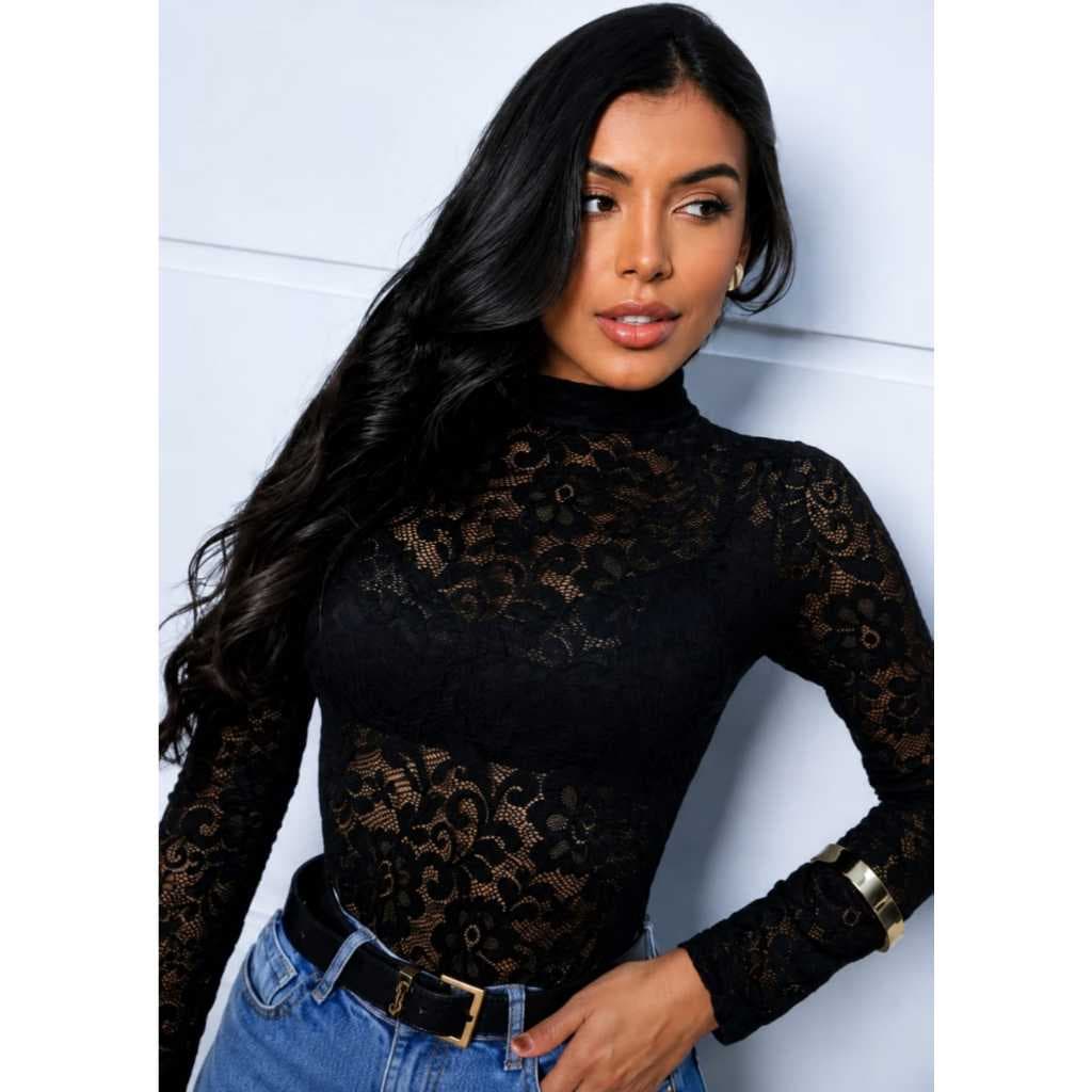 ✨Body Feminino em Renda Premium Manga Longa Gola Alta Estica Bem Elegante Moda Feminina Floral