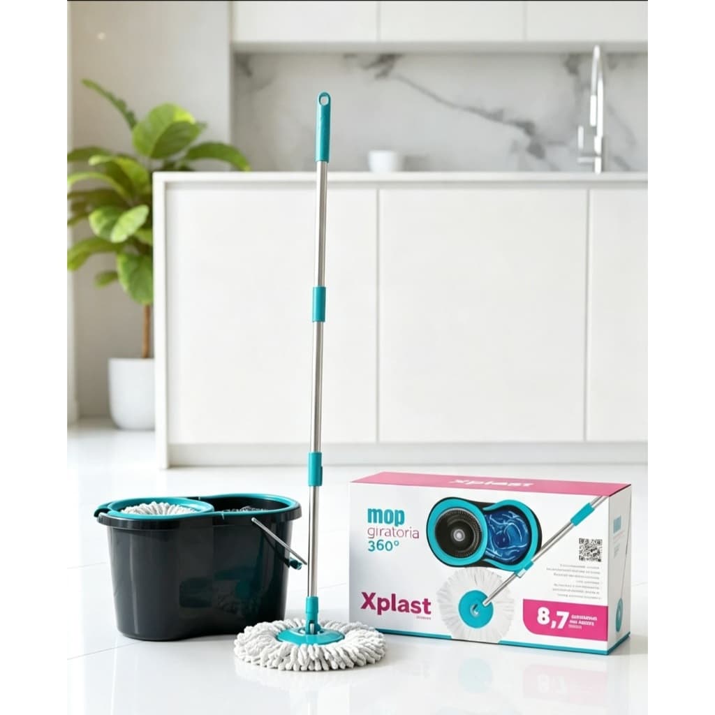 Mop giratório 360 Xplast 8,5 litros balde esfregão prática de microfibra chão, parede e janelas