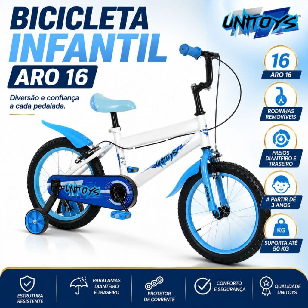 Bicicleta Infantil Aro 16 Unitoys Branca Azul Rodinhas Removíveis Freios Dianteiro Traseiro Crianças