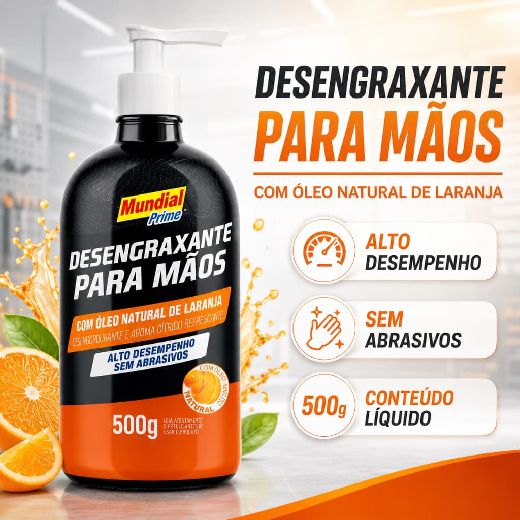 Desengraxante para Mãos Mundial Prime 500ml Removedor de Graxa Óleo Limpeza Profundo Profissional Automotivo Doméstico