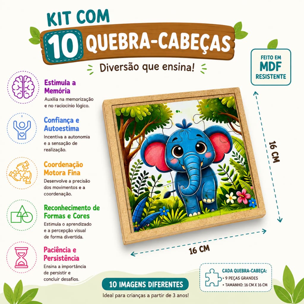Kit 10 Quebra Cabeça em Mdf 9 Peças Jogo Pedagógico Infantil Lúdico Educativo