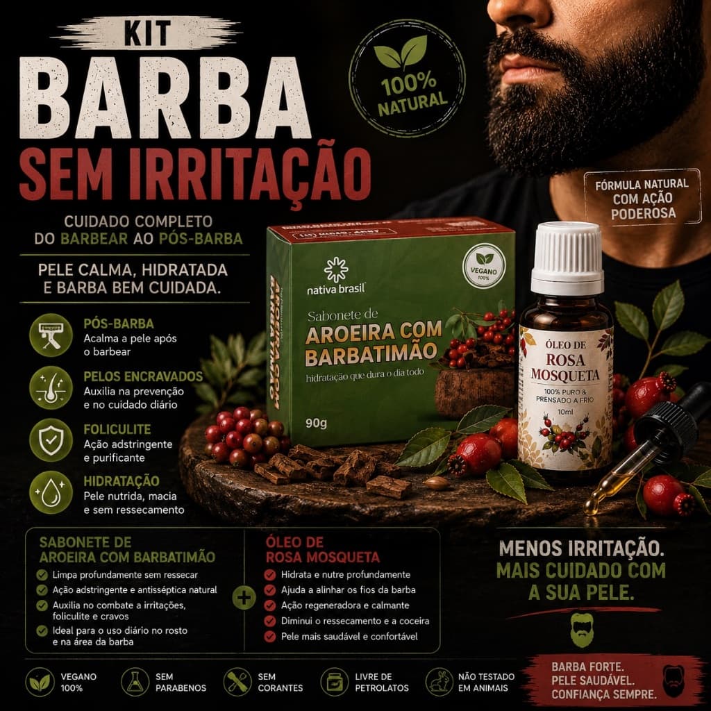 Oléo de barba e rosto hidratante + Sabonete barra timão anti-irritação pós barba