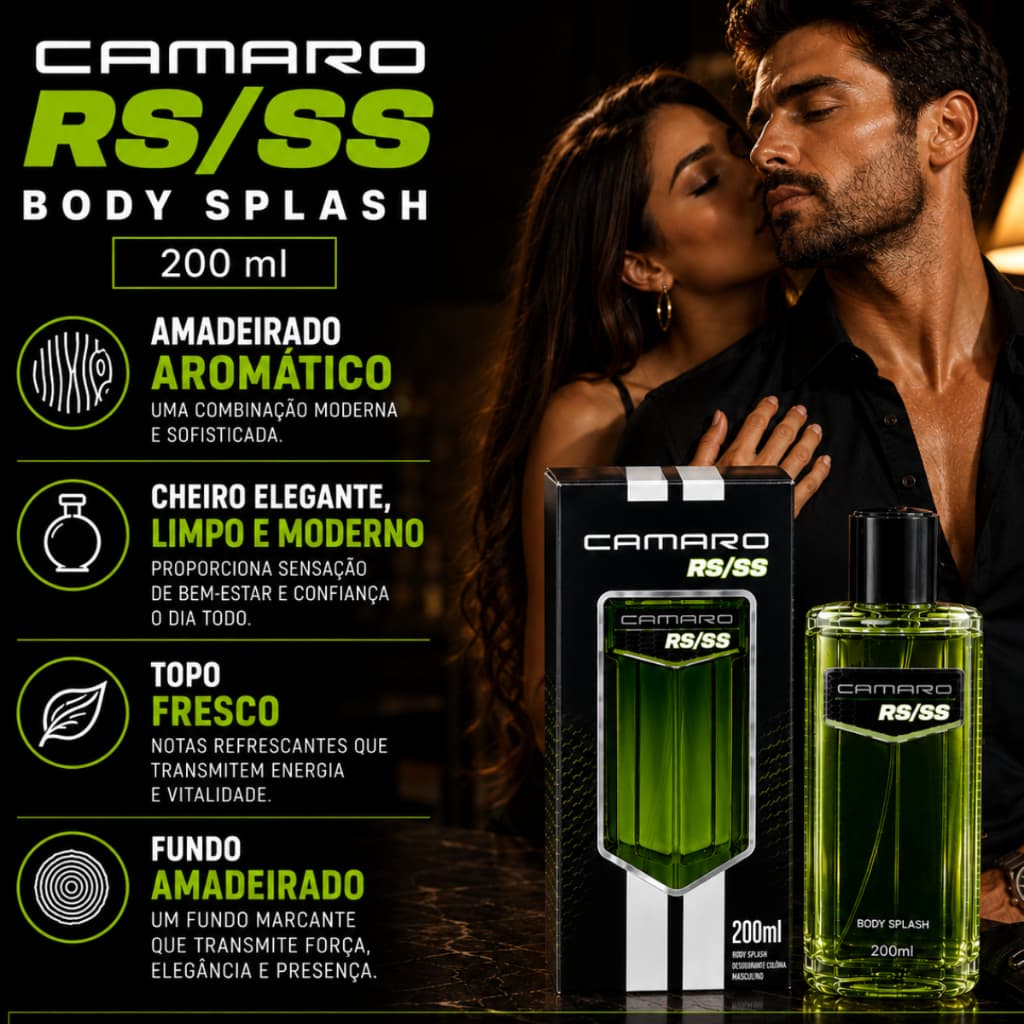 Body Splash Perfume Masculino 200 ML Camaro RS/SS Amadeirado Aromatico Cheiro Elegante LImpo e Moderno