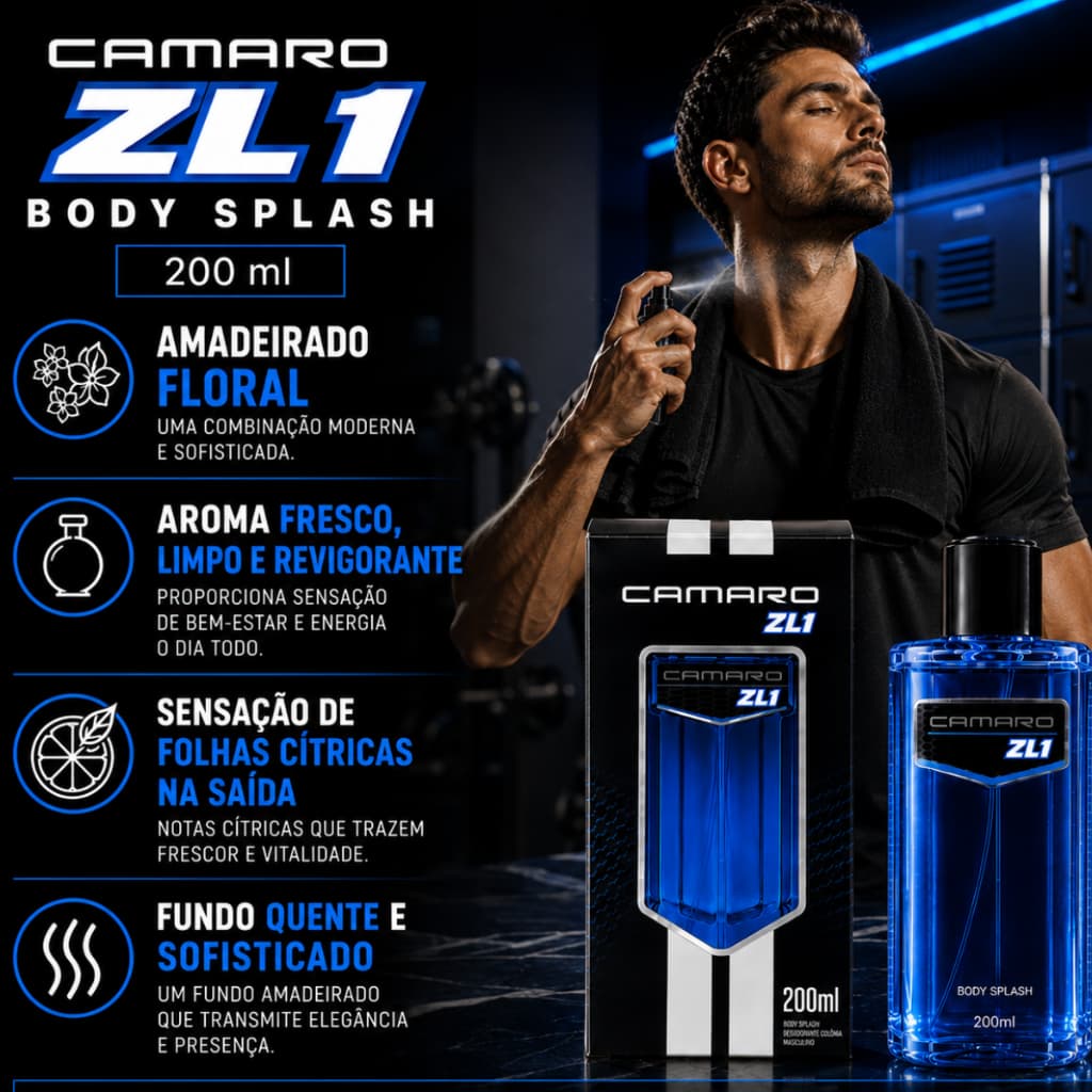 Body Splash Perfume Masculino 200 ML Camaro ZL1  Amadeirado Floral Aroma Fresco LImpo e Refrescante Notas Citricas