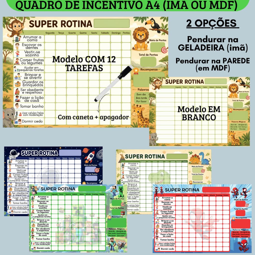 Quadro de Incentivo Rotina + Caneta c/ Apagador Safari Astronauta Homem Aranha KPOP - Infantil Magnético Planner Tarefa