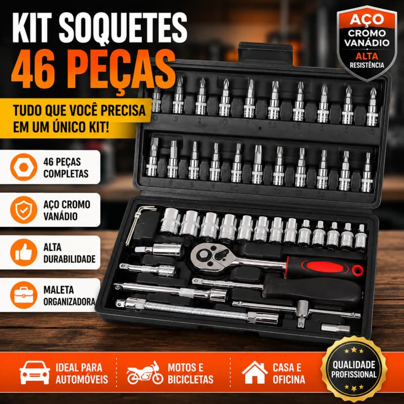 Kit Ferramentas 46 Peças Chave Catraca Soquetes Bits, Reparo Automotivo e Doméstico