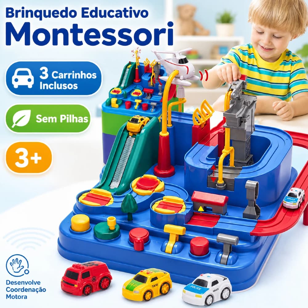 Brinquedo Educativo Montessori Pista de Carrinho com 3 Carros - Circuito Infantil sem Pilhas 3+