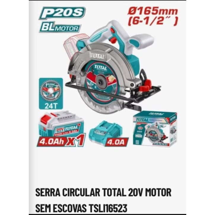Serra Circular 20V TOTAL Brushless 165mm 6-1/2" 1 Bateria 4.0Ah P20S TSLI16523