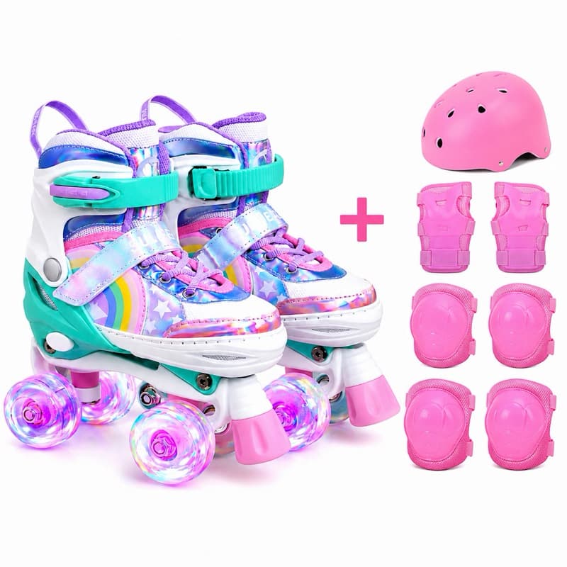 Patins Arco Íris + Kit Proteção com Led nas Rodinhas/ Tamanhos Ajustáveis