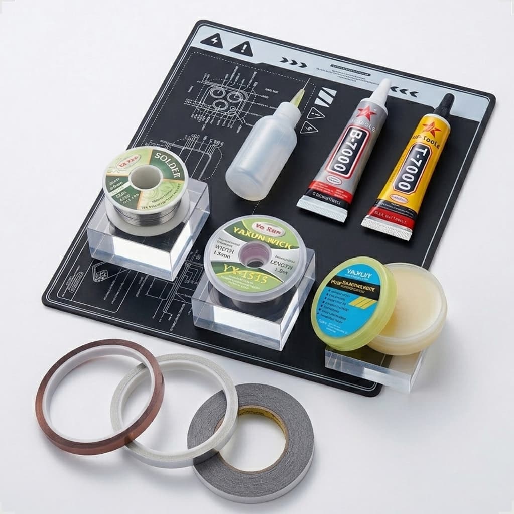 Kit Com 10 Itens Para Reparo Celular Manta Térmica + Cola B-7000 T-7000 + Fitas + Pasta Fluxo