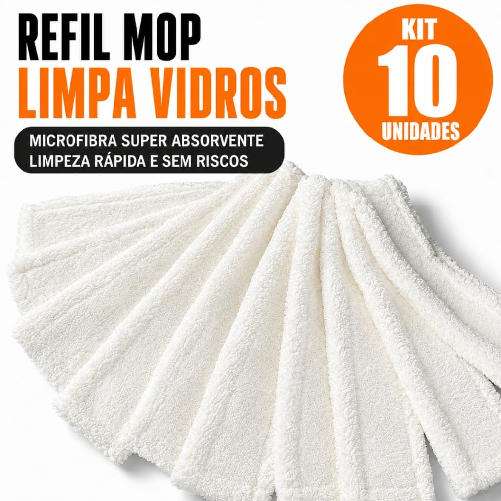Kit 10 Refil Mop Limpa Vidros Microfibra Pano Reposição Rodo Janela Box Espelho Limpeza Lar Multiuso