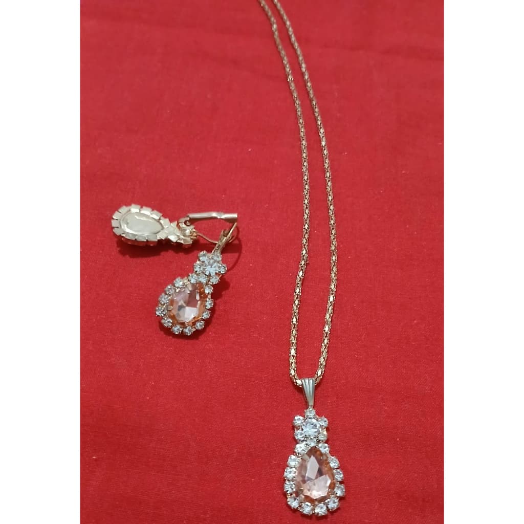 Conjunto Feminino Colar e Brinco Gota Rosa Champanhe Zircônia Luxo Festa Noiva Madrinha