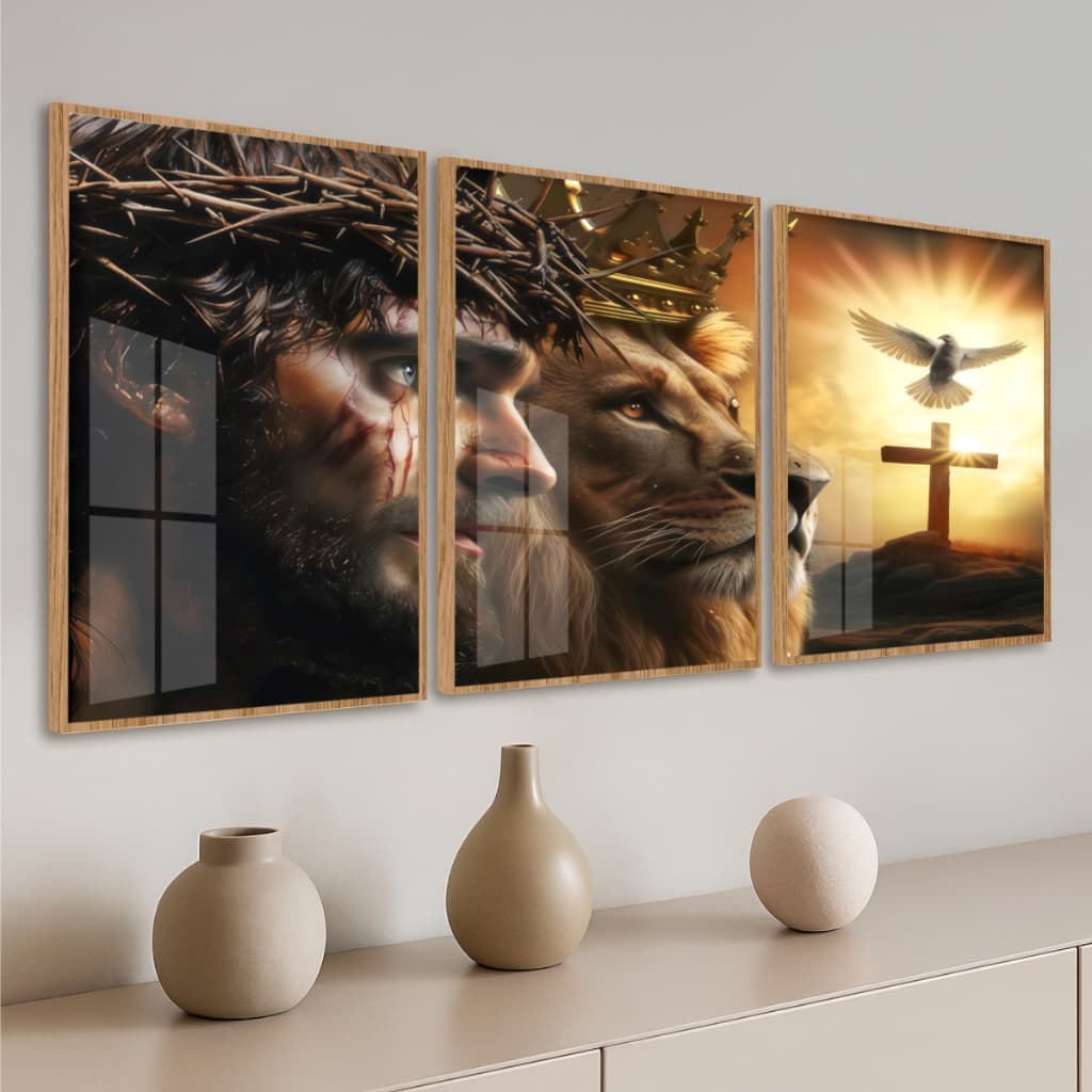 Kit Quadros Religiosos Jesus Cristo Coroa De Espinhos Leão De Judá Pomba Branca Voando Sobre a Cruz