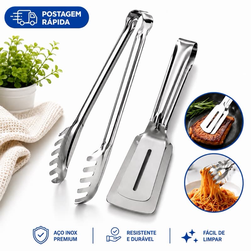 Kit Pegadores Multiuso Inox 2 Peças| Pegador Massa + Pegador Espátula Churrasco Saladas e Cozinha
