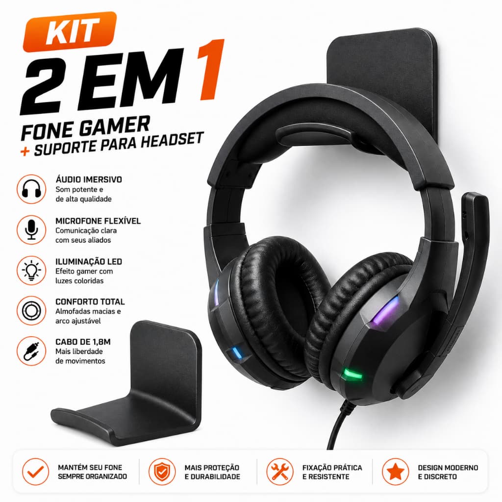 Kit Fone Gamer Headset Com Microfone LED + Suporte Organizador