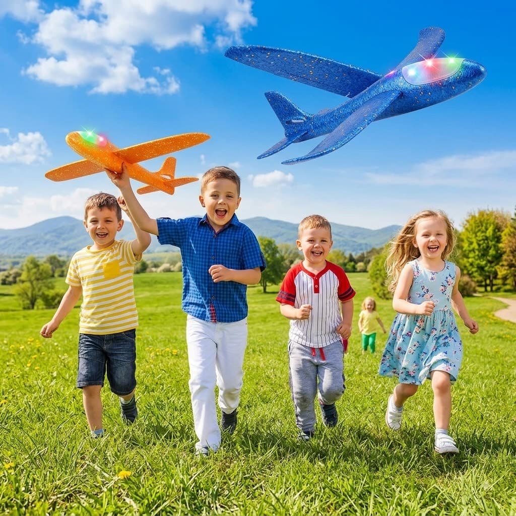 Avião Planador 50cm de Espuma com LED Brinquedo Infantil Voa Longe Leve Resistente para Diversão ao Ar Livre