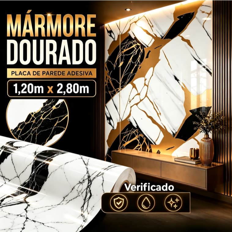 Papel Adesivo Efeito Mármore com Veios Dourados Alta Qualidade Decoração Luxo Sala de Jantar Banheiro 1.2*2.6M