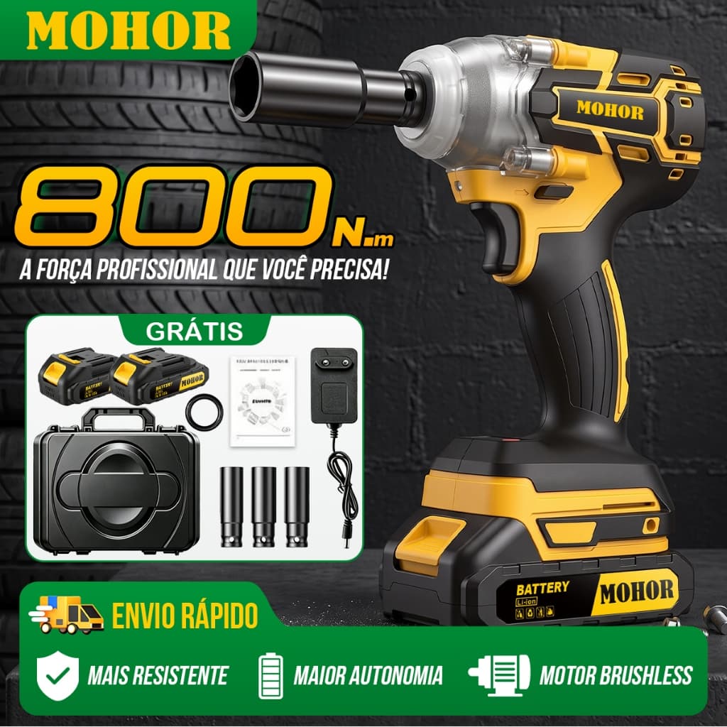 MOHOR Chave Impacto 48V 800Nm Profissional, Parafusadeira Sem Fio com 2 Baterias e Caixa Plástica Resistente