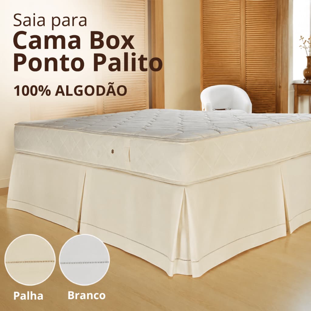 Saia para Cama Box Ponto Palito 100% Algodão Solteiro Casal Queen King Branco Palha